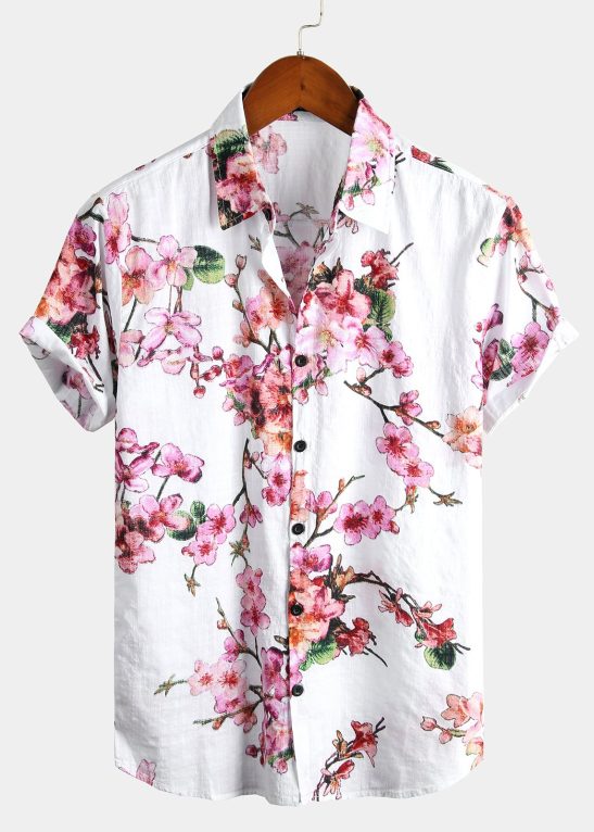 Men Flower Print Hawaiian Short Sleeve Shirt
