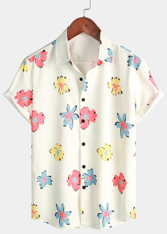 Men Summer Floral Print Button Up Short Sleeve Shirt