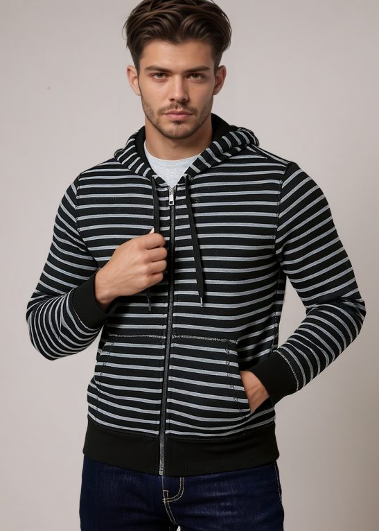 Striped Fleece Full Zip Hoodie For Men