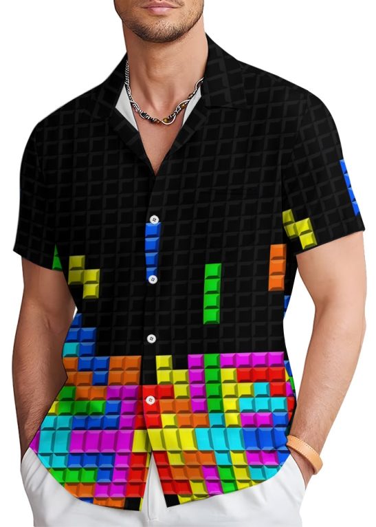 Tetris Print Casual Short Sleeve Shirt