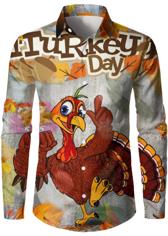 Thanksgiving Funny Turkey Print Button Up Shirt